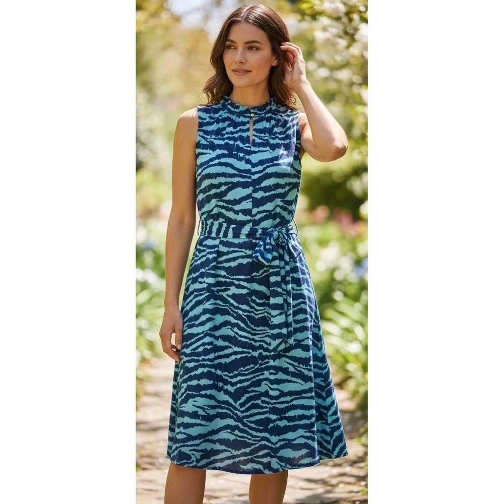 Lands' End Blue Aqua‎ Tiger Stripe Keyhole A-Line Dress Coastal Preppy XL  18